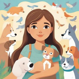 An enchanting illustration of a young girl named Sophia, surrounded by various animals like dogs, cats, and birds