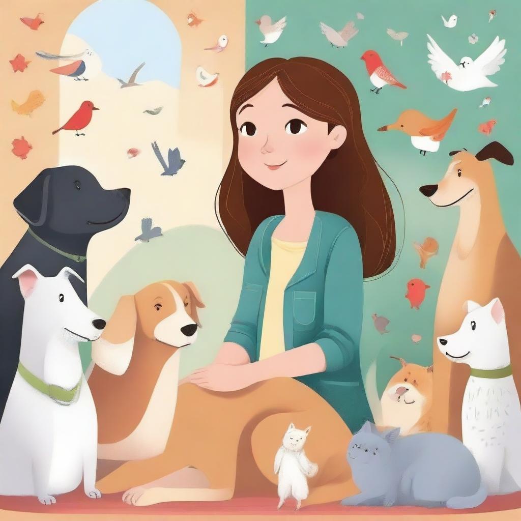 An enchanting illustration of a young girl named Sophia, surrounded by various animals like dogs, cats, and birds