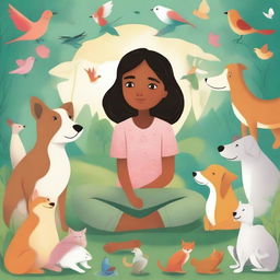 An enchanting illustration of a young girl named Sophia, surrounded by various animals like dogs, cats, and birds