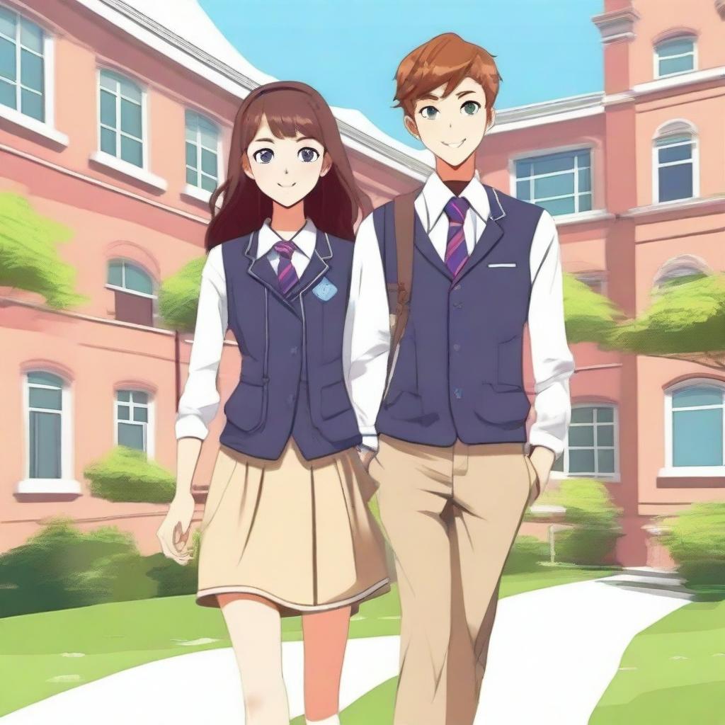 Create an animation-style image featuring a beautiful veiled girl and a handsome teenager set in a boarding school