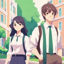 Create an animation-style image featuring a beautiful veiled girl and a handsome teenager set in a boarding school