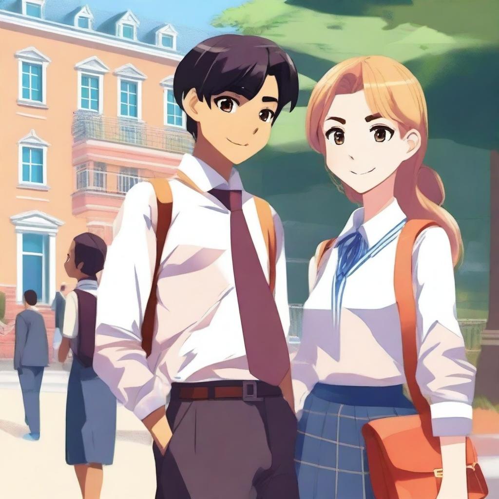 Create an animation-style image featuring a beautiful veiled girl and a handsome teenager set in a boarding school