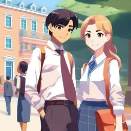 Create an animation-style image featuring a beautiful veiled girl and a handsome teenager set in a boarding school