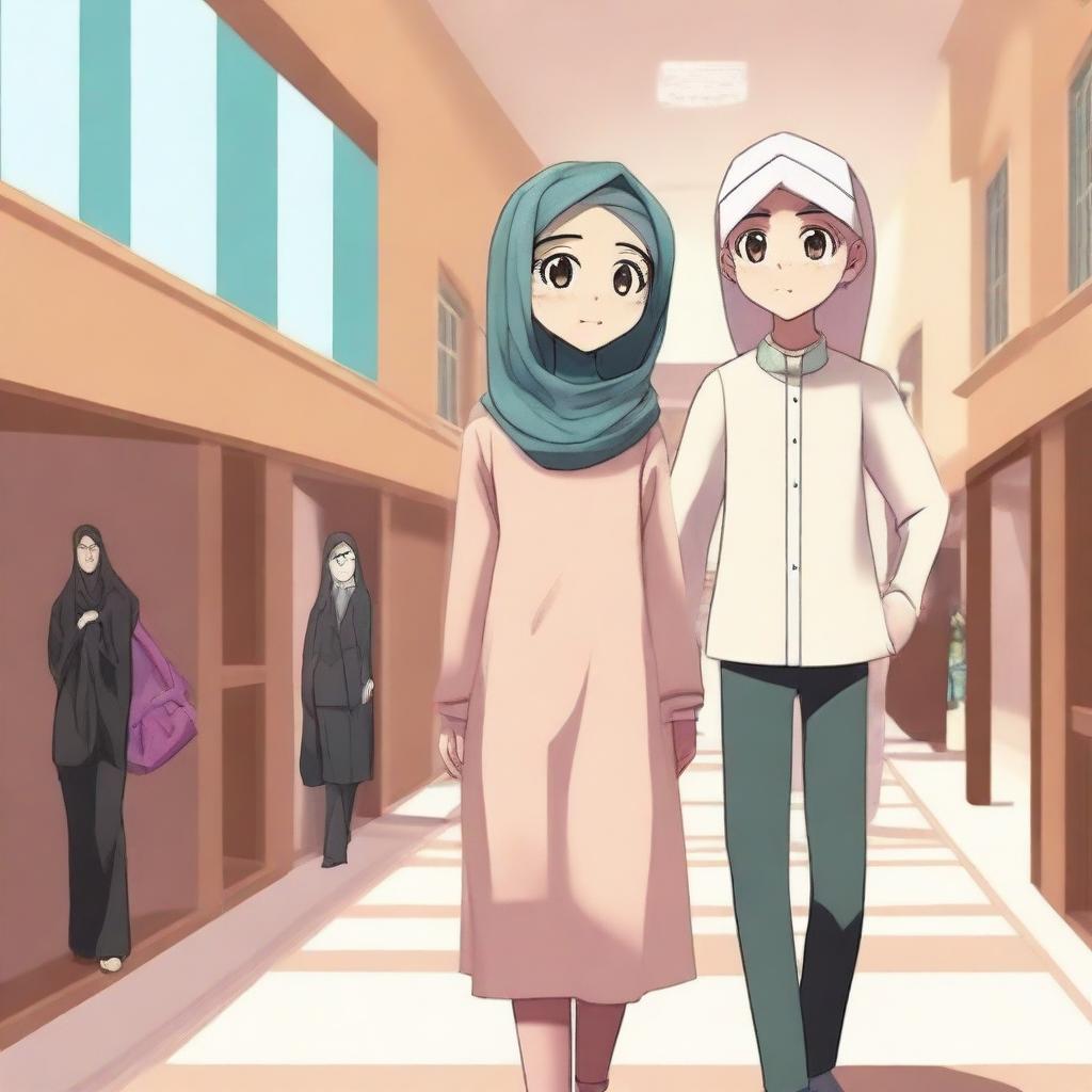 Create an animation-style image featuring a beautiful veiled girl and a handsome teenager set in an Islamic boarding school dormitory