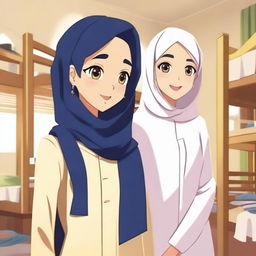 Create an animation-style image featuring a beautiful veiled girl and a handsome teenager set in an Islamic boarding school dormitory