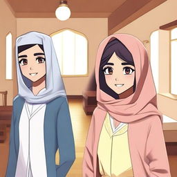 Create an animation-style image featuring a beautiful veiled girl and a handsome teenager set in an Islamic boarding school dormitory