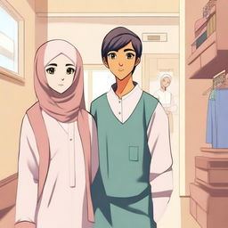 Create an animation-style image featuring a beautiful veiled girl and a handsome teenager set in an Islamic boarding school dormitory