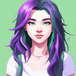 A portrait of a girl with vibrant purple hair and striking green eyes