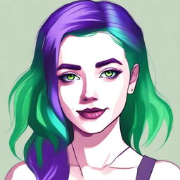 A portrait of a girl with vibrant purple hair and striking green eyes