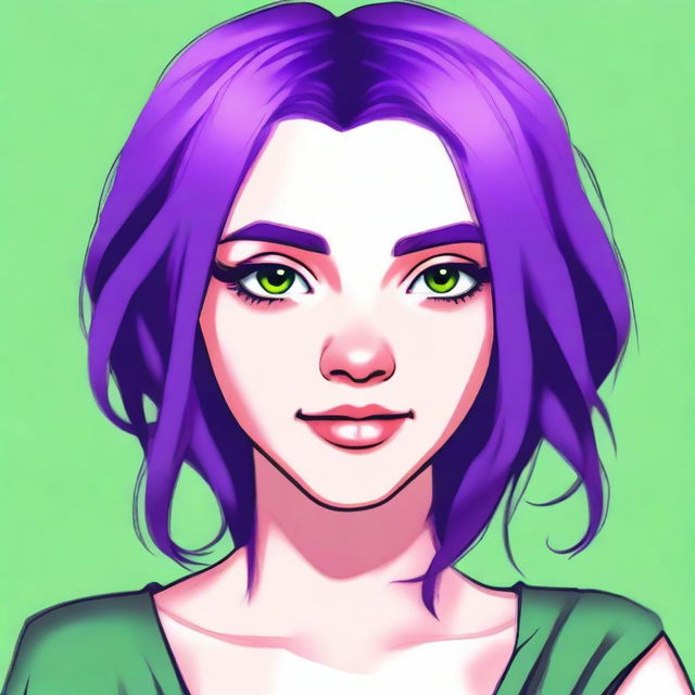 A portrait of a girl with vibrant purple hair and striking green eyes