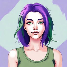 A portrait of a girl with vibrant purple hair and striking green eyes