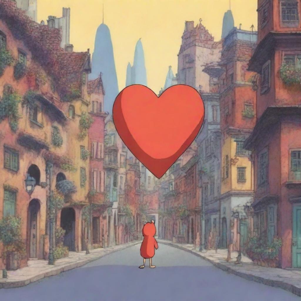 An animation film scene featuring a big heart character navigating through a very weird city