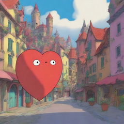 An animation film scene featuring a big heart character navigating through a very weird city