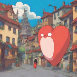 An animation film scene featuring a big heart character navigating through a very weird city