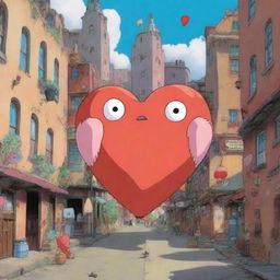 An animation film scene featuring a big heart character navigating through a very weird city