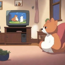 An animation film scene featuring a big heart character watching princess movies next to a friendly cat