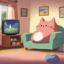 An animation film scene featuring a big heart character watching princess movies next to a friendly cat