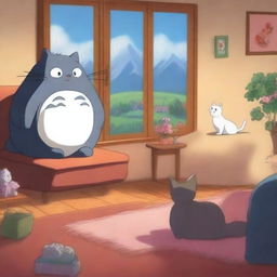 An animation film scene featuring a big heart character watching princess movies next to a friendly cat