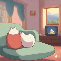 An animation film scene featuring a big heart character watching princess movies next to a friendly cat