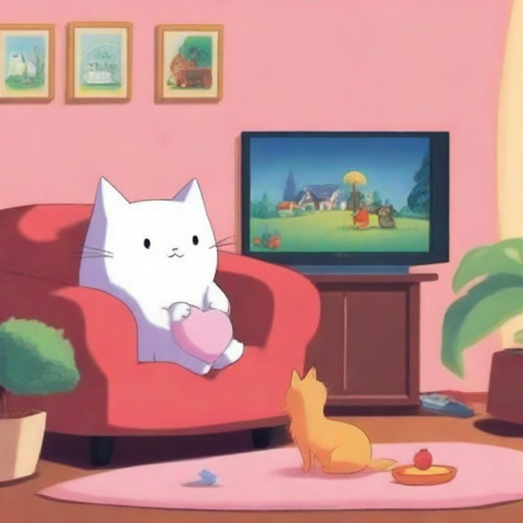 A vibrant poster for an animation film featuring a big heart character watching princess movies next to a friendly cat