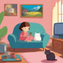 A vibrant poster for an animation film featuring a big heart character watching princess movies next to a friendly cat