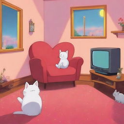 A vibrant poster for an animation film featuring a big heart character watching princess movies next to a friendly cat