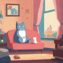 A vibrant poster for an animation film featuring a big heart character watching princess movies next to a friendly cat