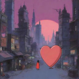 An animation film scene featuring a big heart character navigating a dystopian city