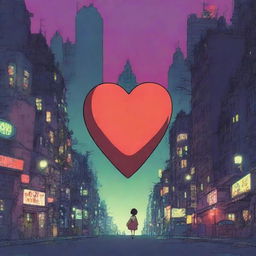 An animation film scene featuring a big heart character navigating a dystopian city