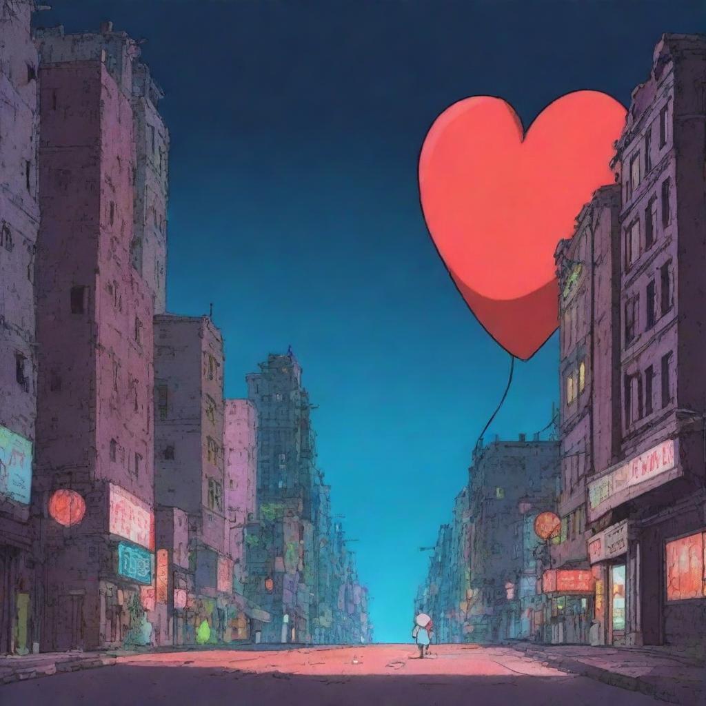 An animation film scene featuring a big heart character navigating a dystopian city