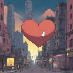 An animation film scene featuring a big heart character navigating a dystopian city