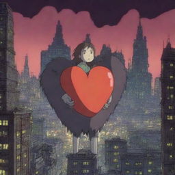 An animation film scene featuring a character that is a big heart navigating a dystopian city