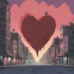 An animation film scene featuring a character that is a big heart navigating a dystopian city