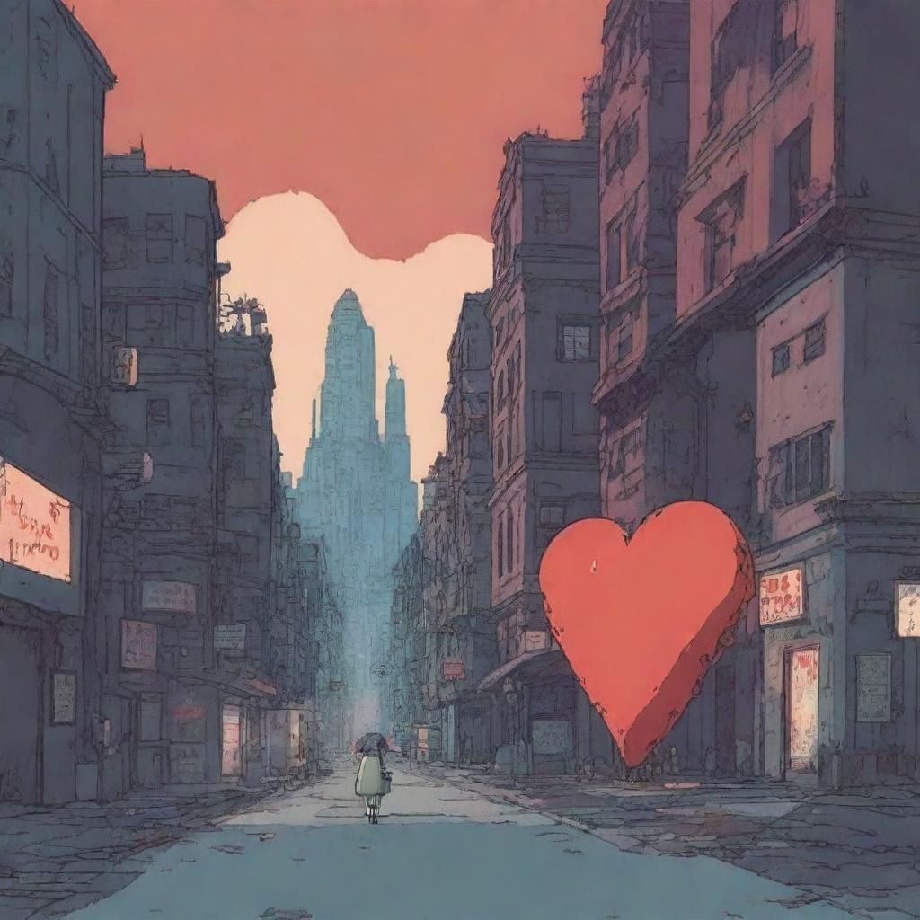 An animation film scene featuring a character that is a big heart navigating a dystopian city