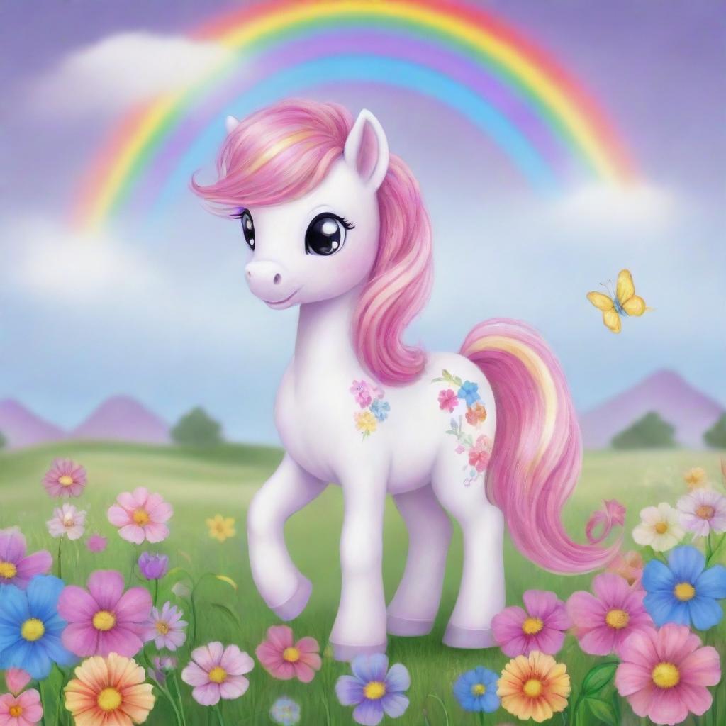 A colorful and cute little pony in a magical land full of rainbows and pretty flowers.