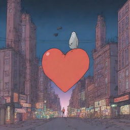 An animation film scene featuring a character that is a big heart navigating a dystopian city