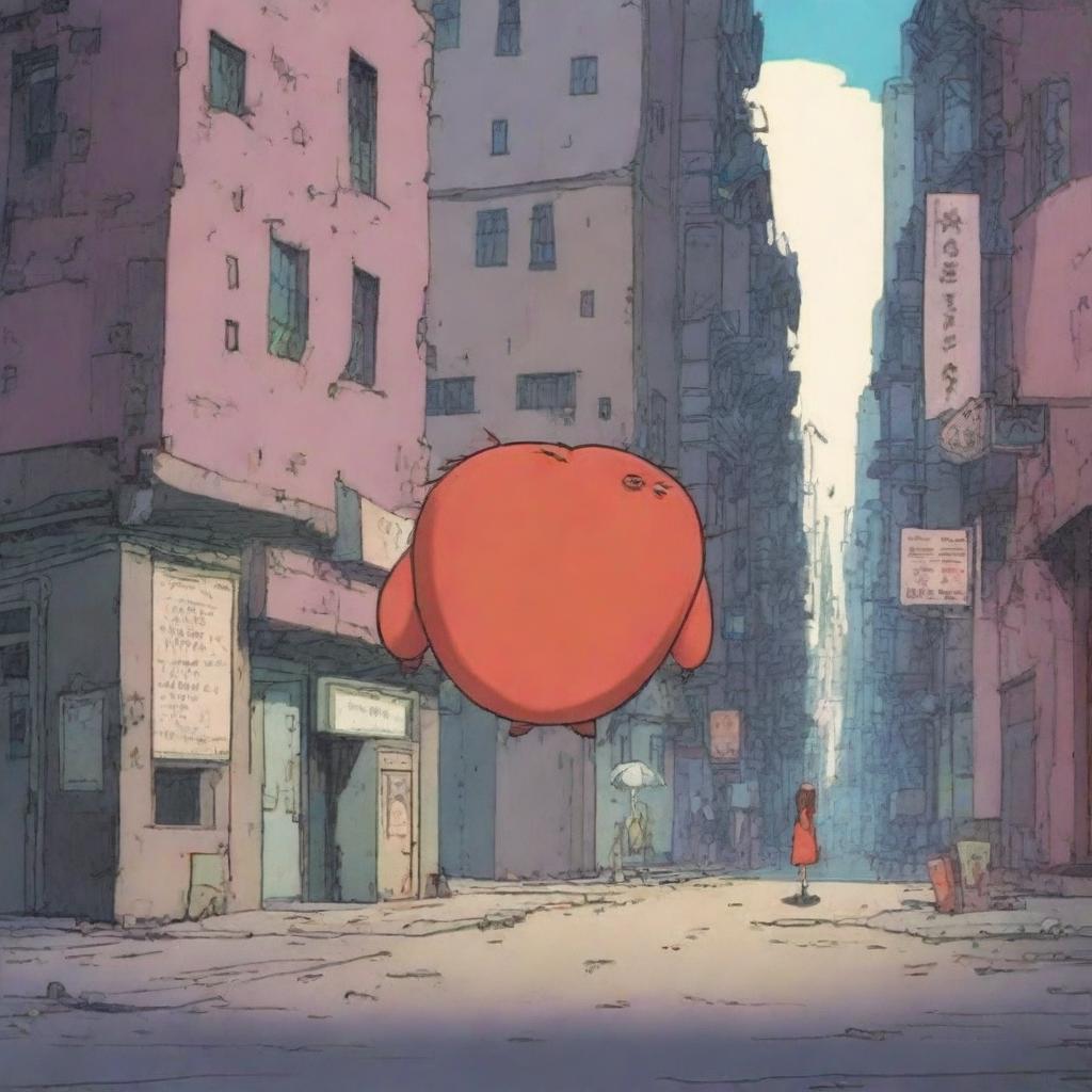 An animation film scene featuring Rémy, a big heart character, navigating a dystopian city