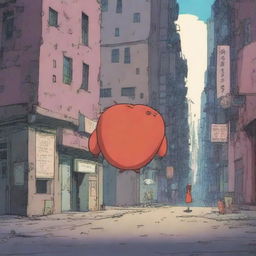 An animation film scene featuring Rémy, a big heart character, navigating a dystopian city