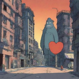 An animation film scene featuring Rémy, a big heart character, navigating a dystopian city