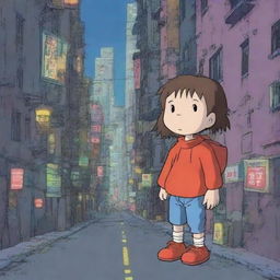 An animation film scene featuring Rémy, a big heart character, navigating a dystopian city