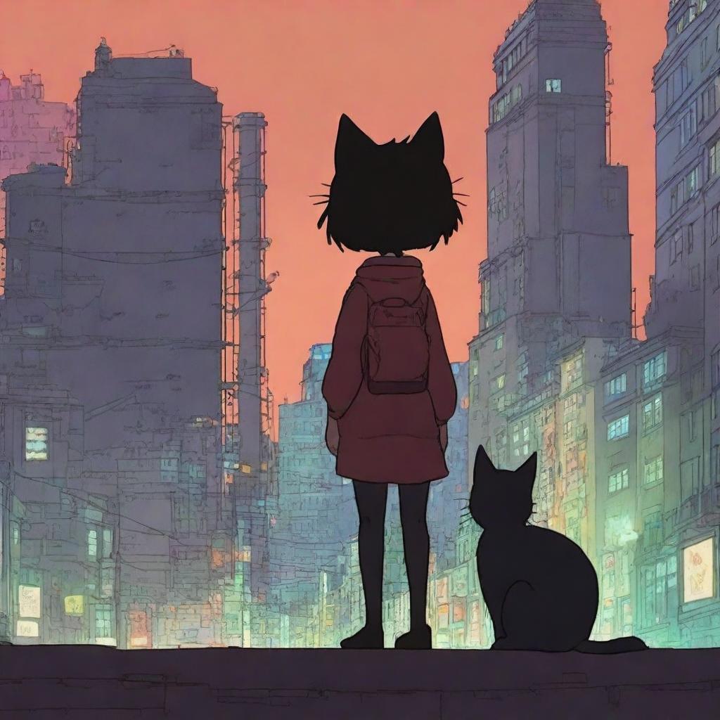 An animation film scene featuring Rémy, a big heart character, and a cat navigating a dystopian city