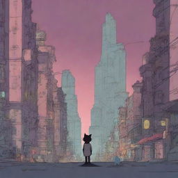 An animation film scene featuring Rémy, a big heart character, and a cat navigating a dystopian city