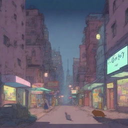 An animation film scene featuring Rémy, a big heart character, and a cat navigating a dystopian city