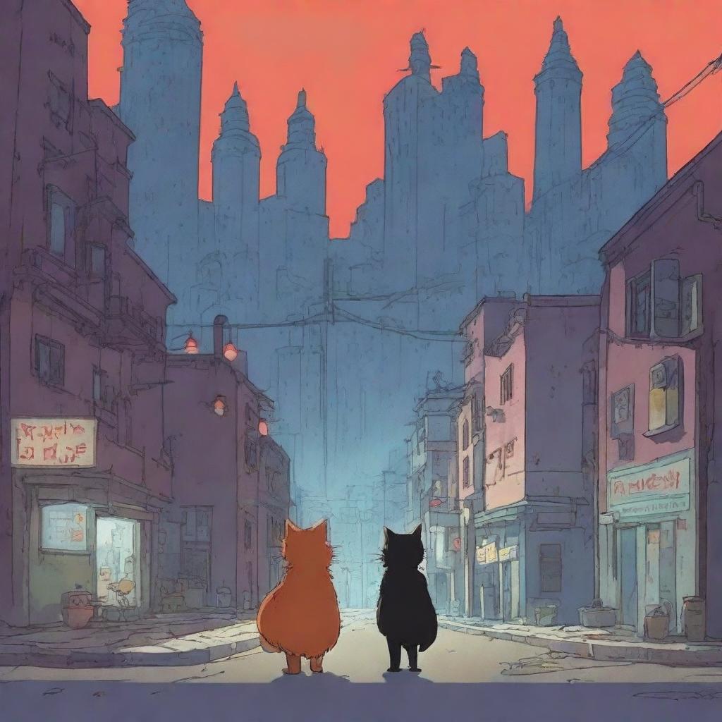 An animation film scene featuring Rémy, a big heart character, and a cat navigating a dystopian city