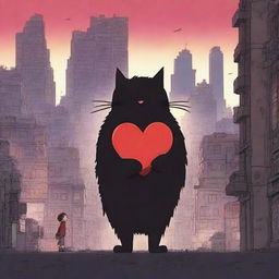 An animation film scene featuring a big heart character and a cat navigating a dystopian city