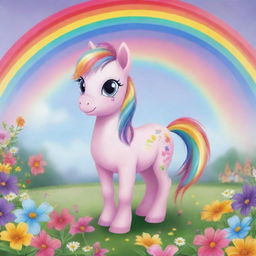 A colorful and cute little pony in a magical land full of rainbows and pretty flowers.