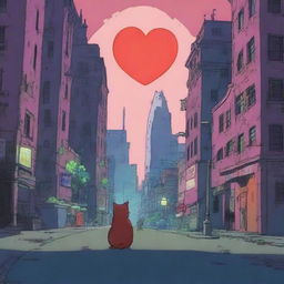 An animation film scene featuring a big heart character and a cat navigating a dystopian city