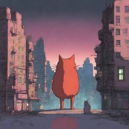 An animation film scene featuring a big heart character and a cat navigating a dystopian city