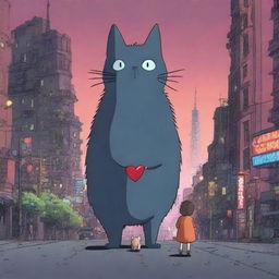 An animation film scene featuring a big heart character and a cat navigating a dystopian city