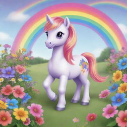 A colorful and cute little pony in a magical land full of rainbows and pretty flowers.